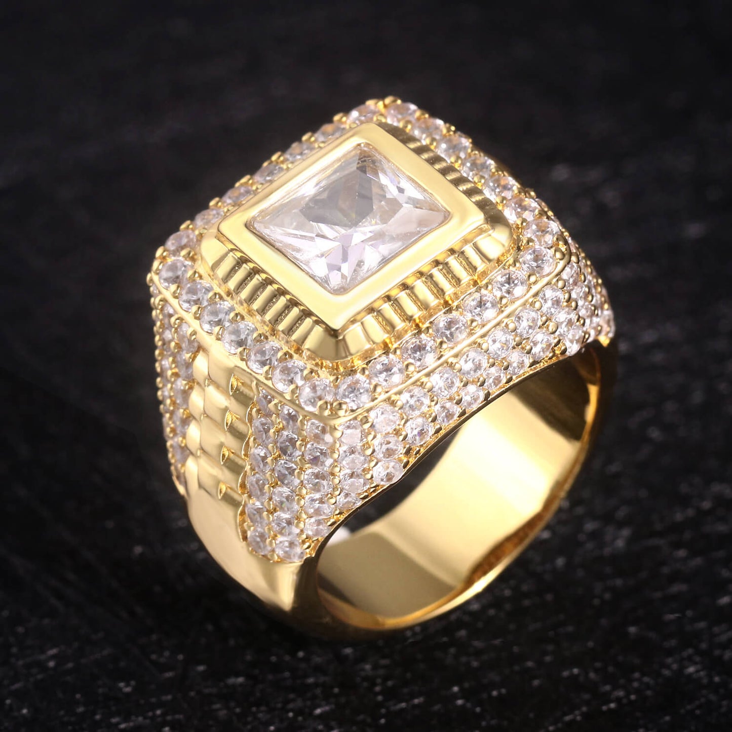 14K Gold Iced Out Square Ring Tripodjewelry
