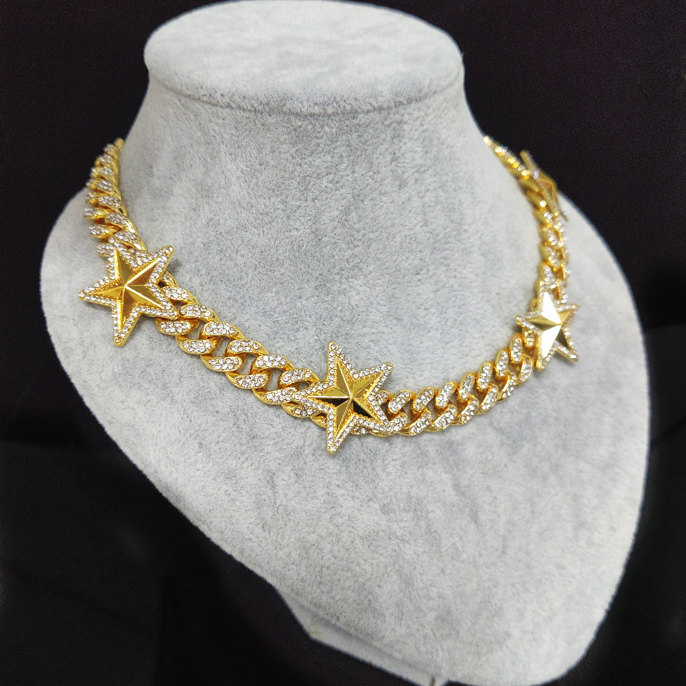 12MM 18K/White/Rose Gold Plated Star Iced Out Cuban Link Chain Necklace Tripodjewelry