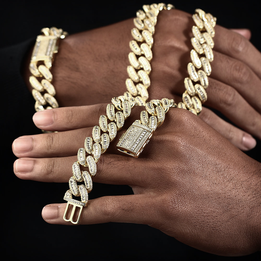18MM 18K Gold Plated Iced Out Baguette Cuban Link Chain Necklace - Tripodjewelry