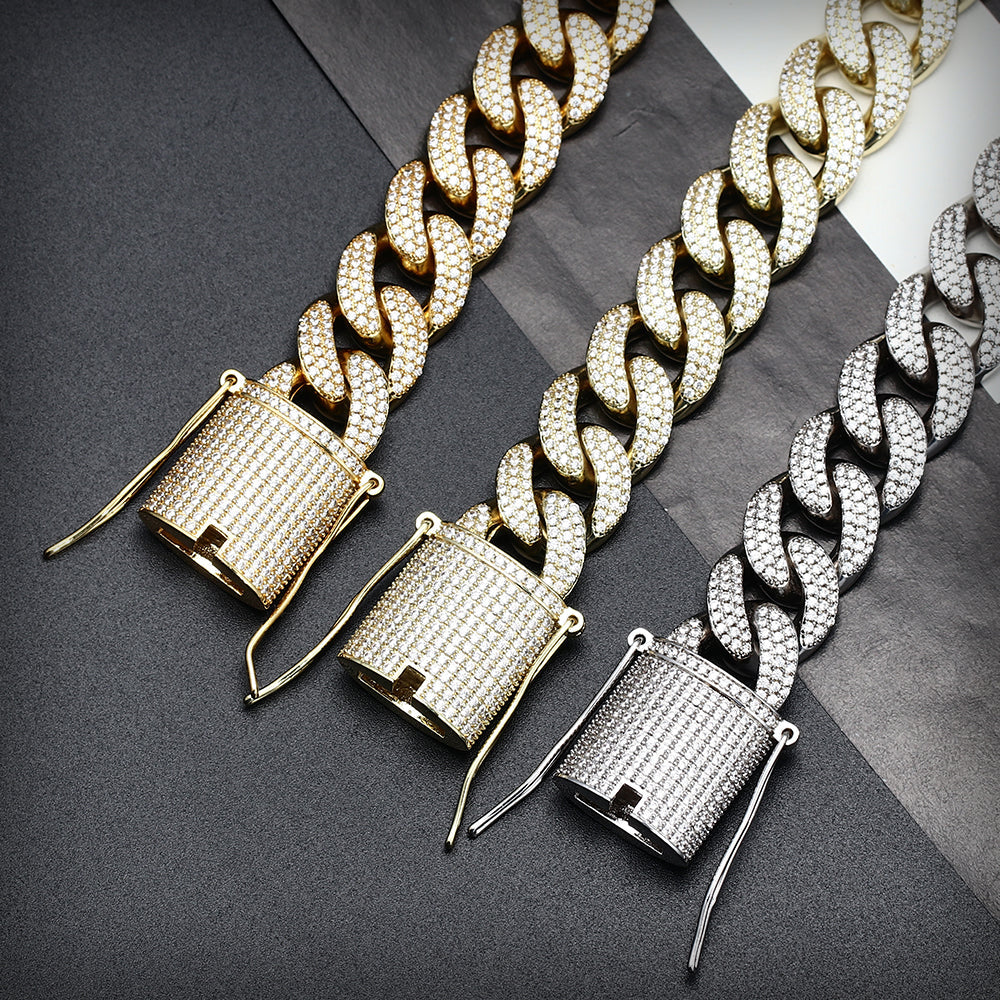 15MM 18K Gold Plated Chunky Iced out Cuban Link Chain Necklace TRIPOD JEWELRY