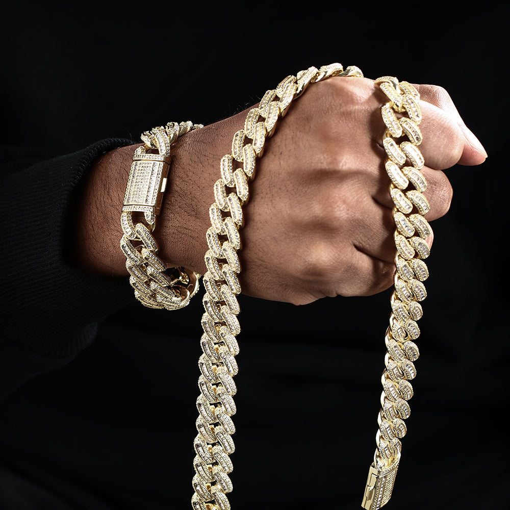 18MM 18K Gold Plated Iced Out Baguette Cuban Link Chain Necklace - Tripodjewelry