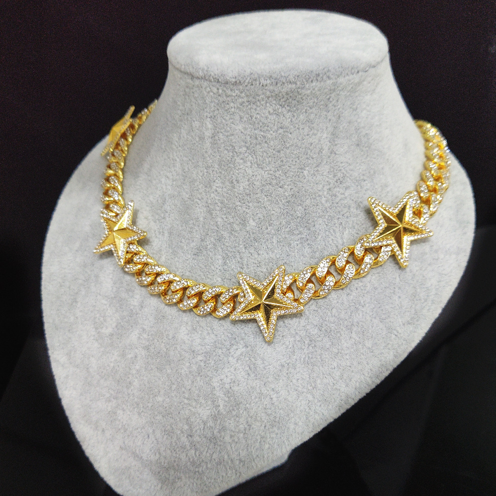 12MM 18K/White/Rose Gold Plated Star Iced Out Cuban Link Chain Necklace Tripodjewelry