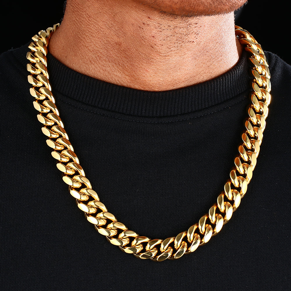 Real 18K Gold Plated Men's Miami Cuban Link Chain Necklace Stainless Steel Tripodjewelry