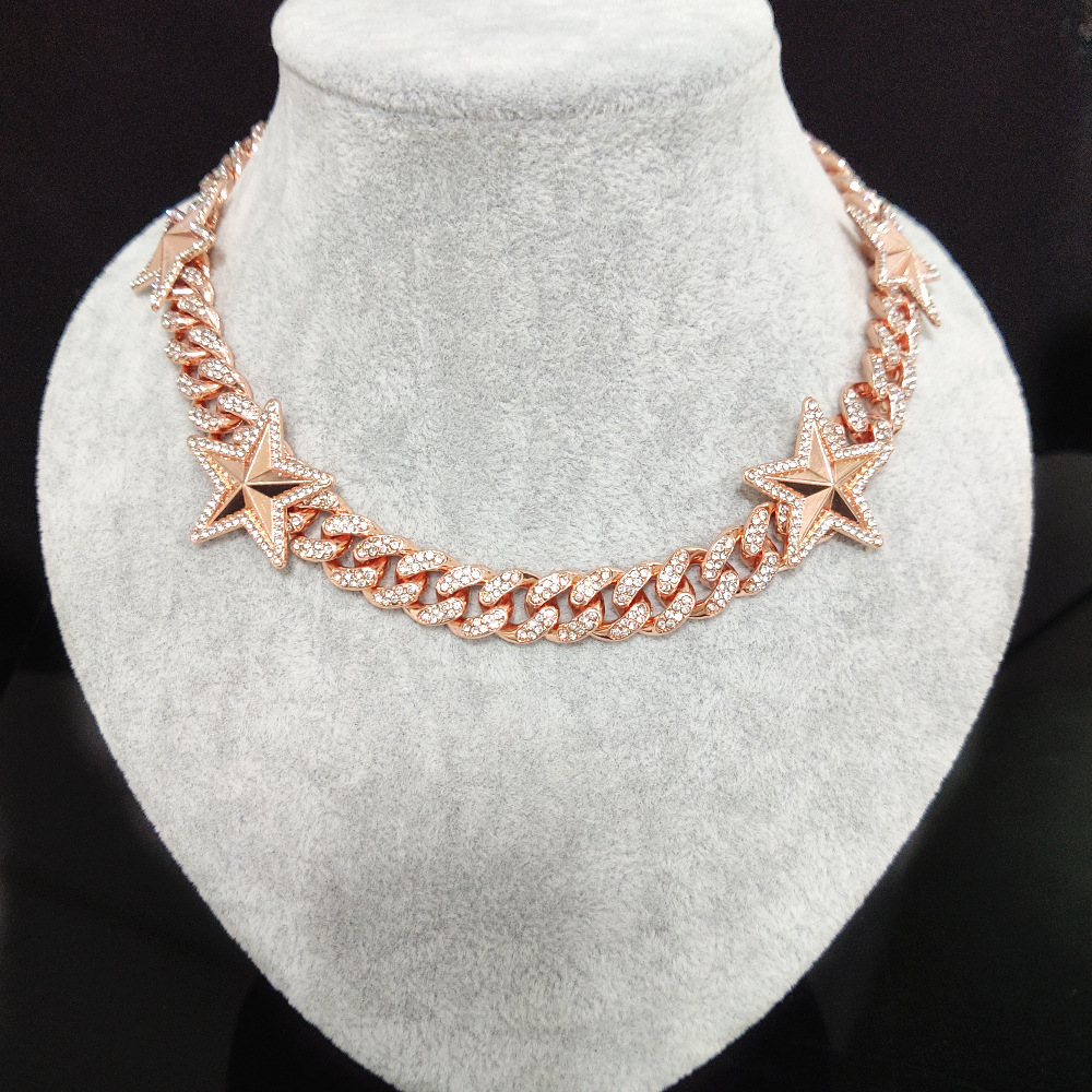 12MM 18K/White/Rose Gold Plated Star Iced Out Cuban Link Chain Necklace Tripodjewelry