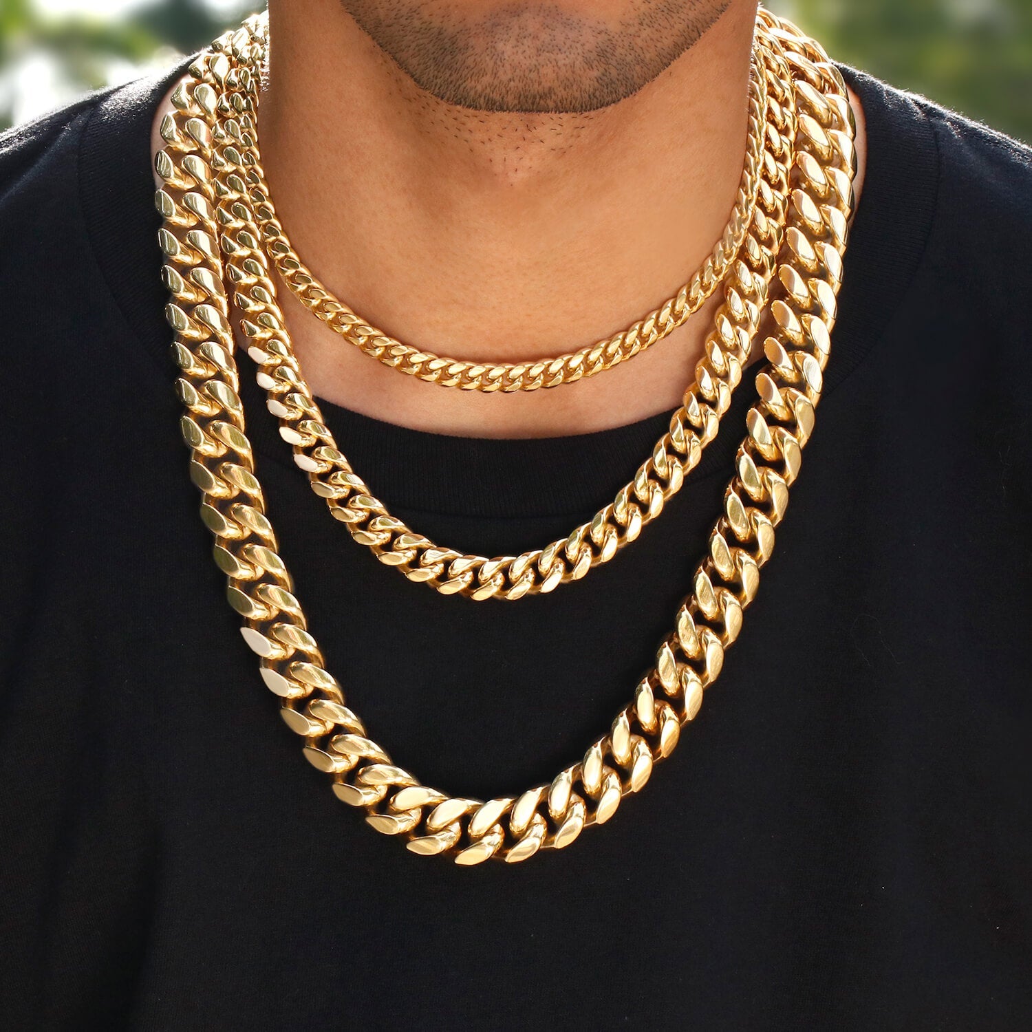 Real 18K Gold Plated Men's Miami Cuban Link Chain Necklace Stainless Steel Tripodjewelry
