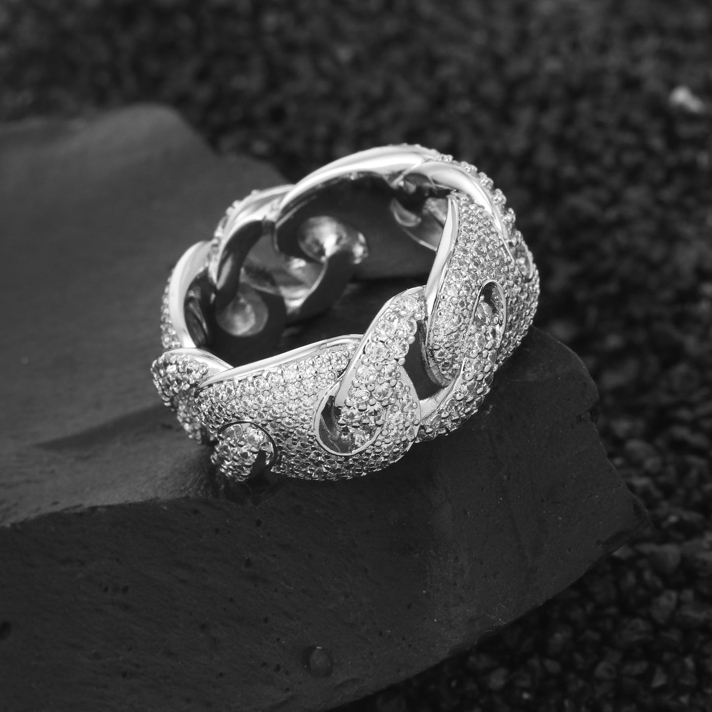 White Gold Iced Out Cuban Link Ring Tripodjewelry
