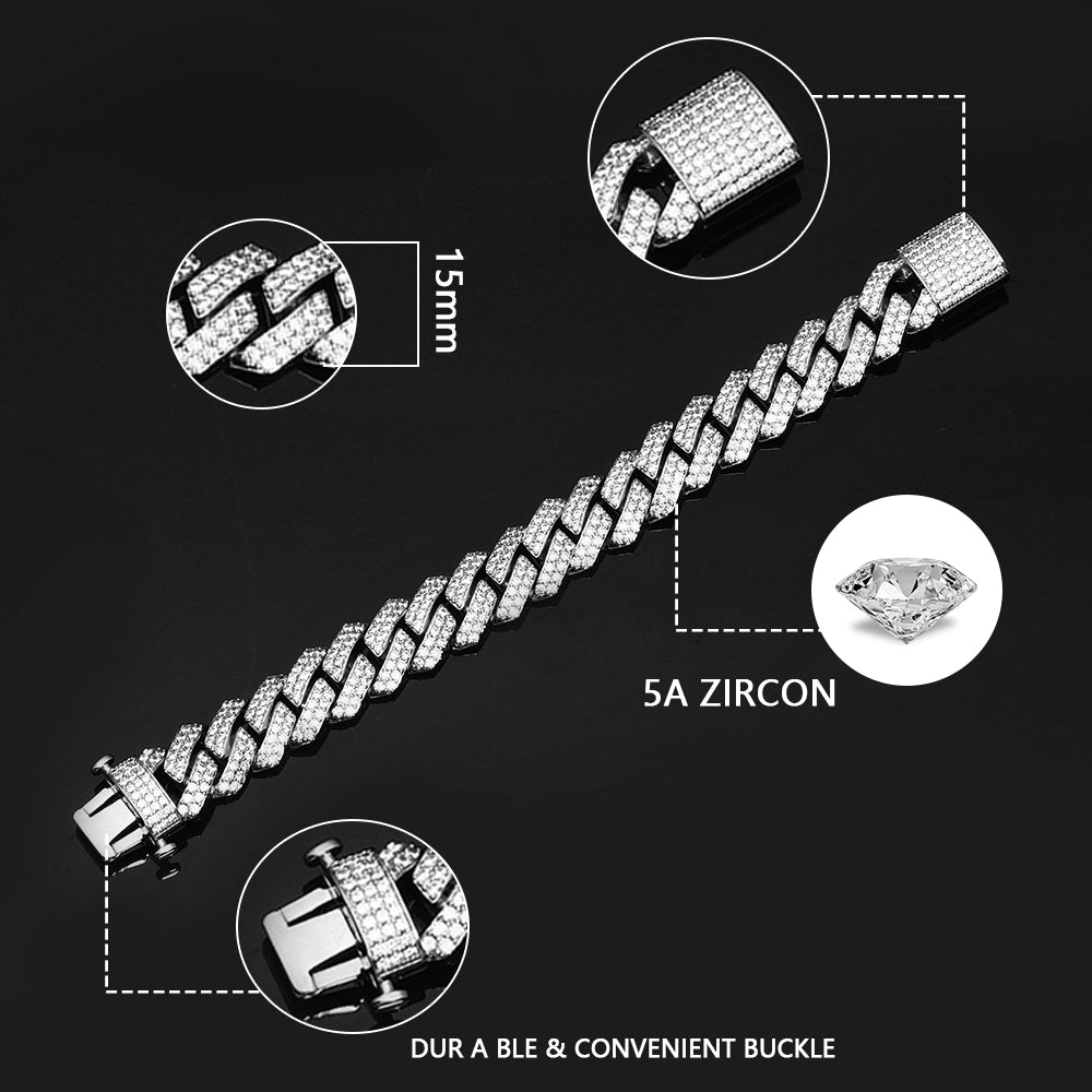 15MM White Gold Plated Prong Iced Out Cuban Link Chain Necklace - Tripodjewelry
