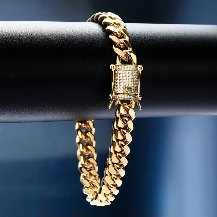 18K Gold Plated Solid Stainless Steel Iced Out Miami Cuban Link Bracelet For Men TRIPOD JEWELRY