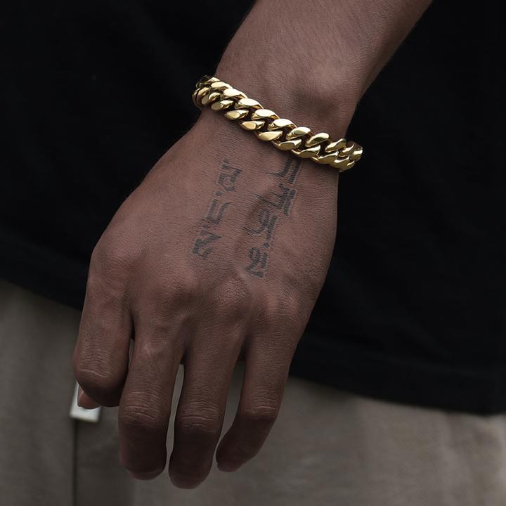 Stainless Steel 14K Gold Plated Miami Cuban Link Bracelet Iced Out Clasp Tripodjewelry