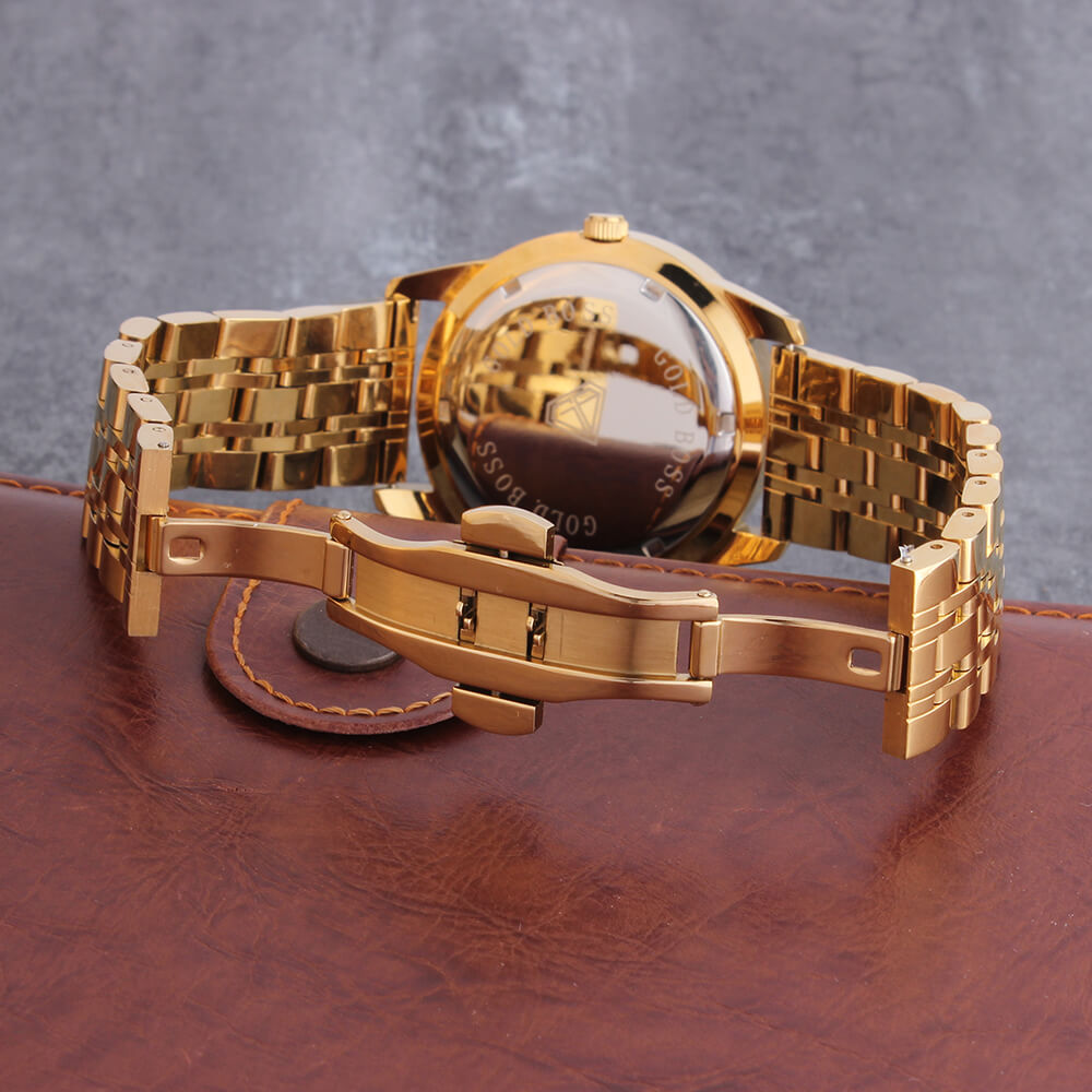 18K Gold Plated Black Dial Stainless Steel Iced Out Watch TRIPOD JEWELRY