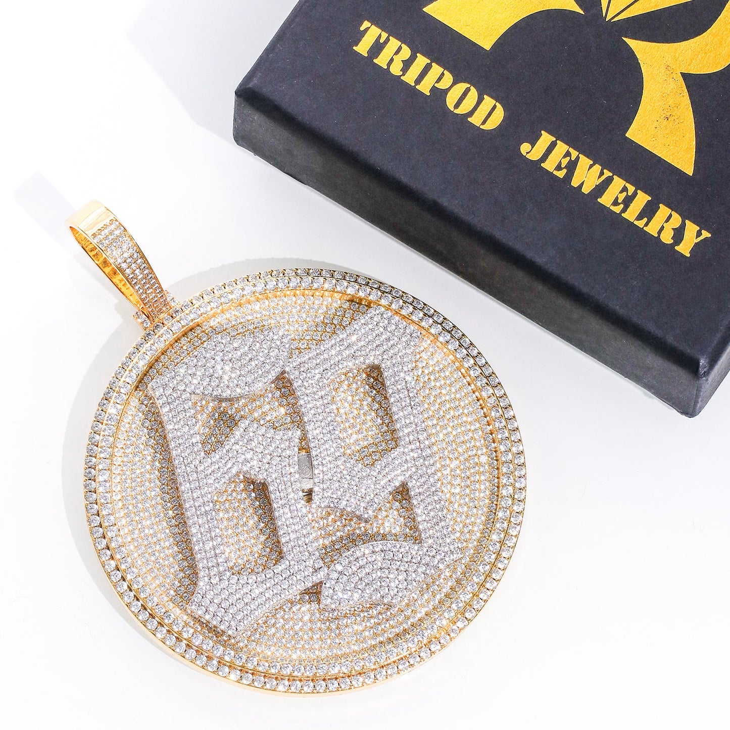 Gold Disc Pendant Set With Diamonds - Customised Number TRIPOD JEWELRY