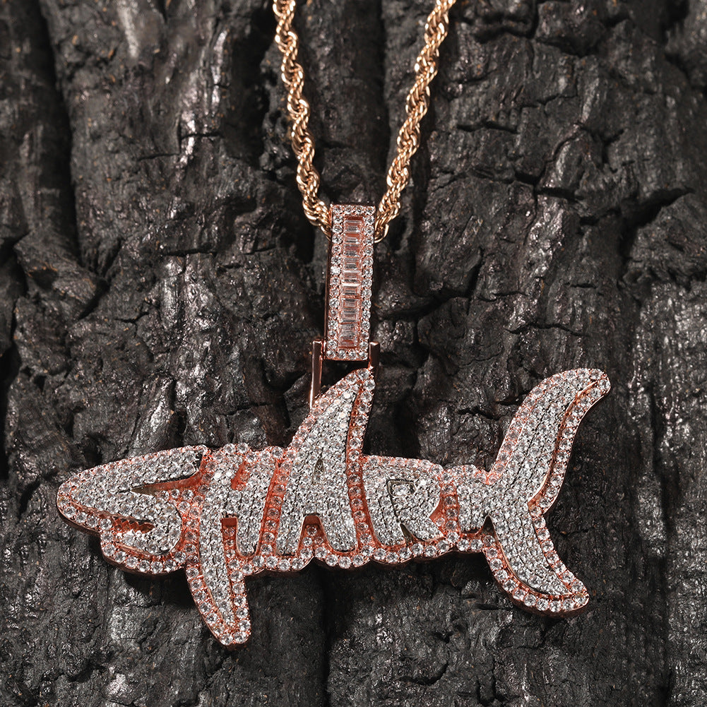 Iced Out Shark Letter Pendant For Men Rose Gold Plated TRIPOD JEWELRY