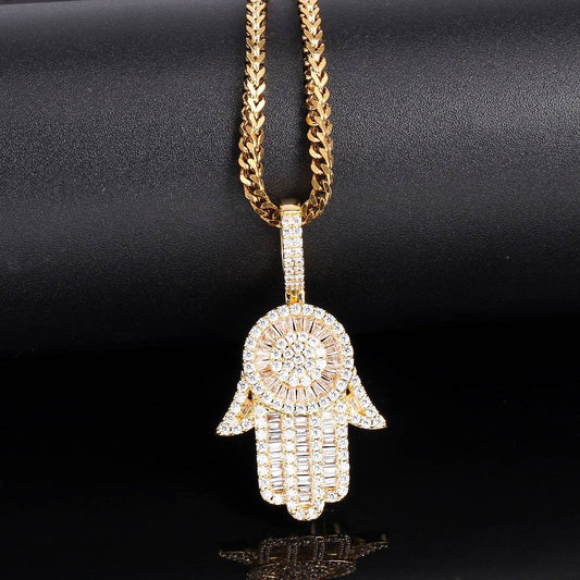 18K Gold Baguette Iced Out Hamsa Hand Pendant - Tripodjewelry