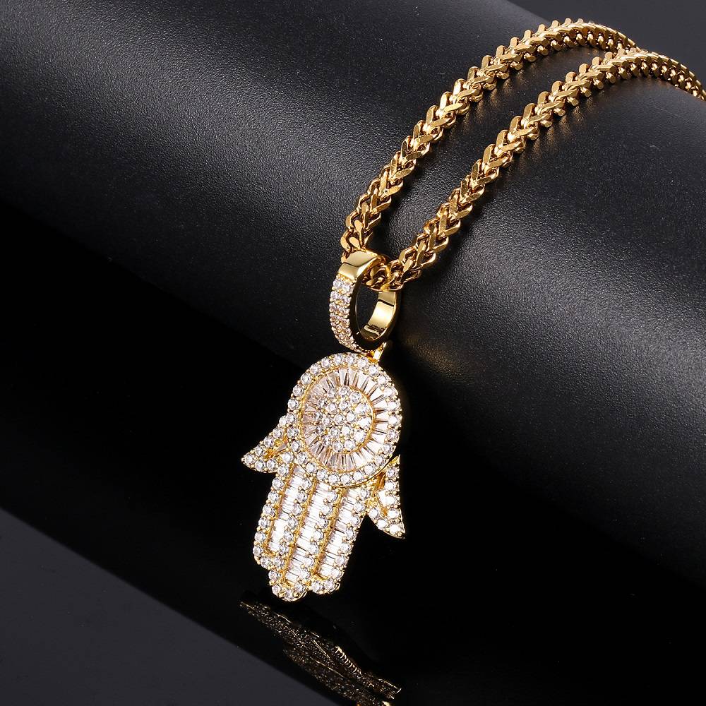 18K Gold Baguette Iced Out Hamsa Hand Pendant - Tripodjewelry