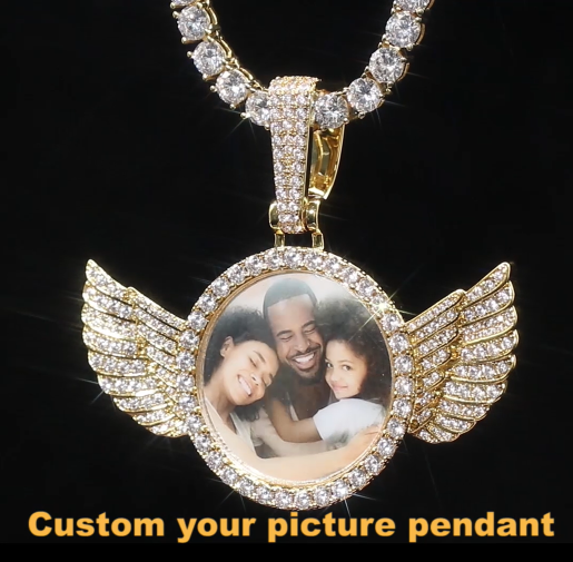 Iced Custom AngeL Wings Photo Pendant 18K Gold - Tripodjewelry
