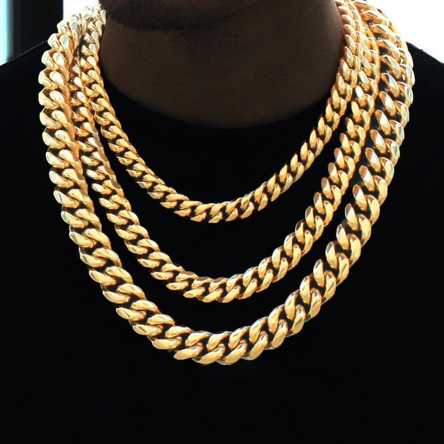 Real 18K Gold Plated Men's Miami Cuban Link Chain Necklace Stainless Steel Tripodjewelry