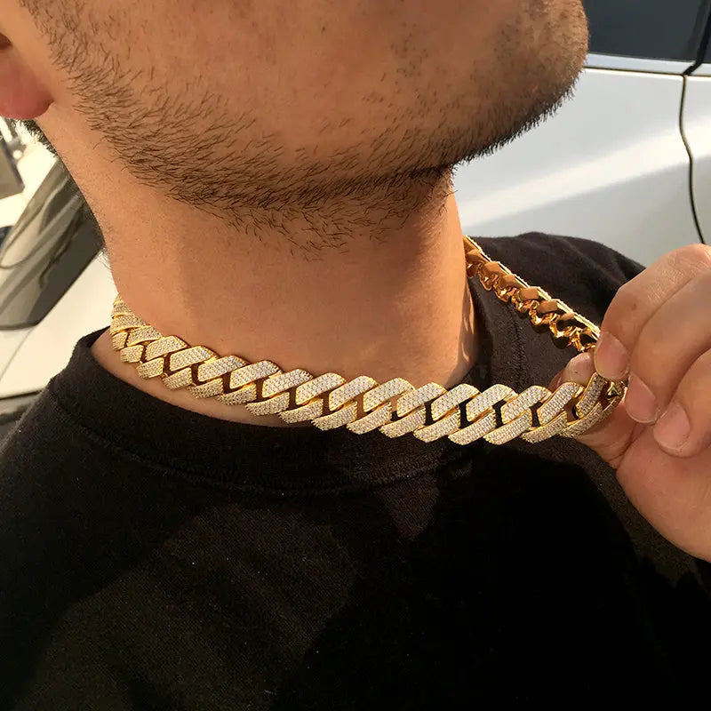 19MM 18K Gold Plated Chunky Iced out Cuban Link Chain Necklace - Tripodjewelry