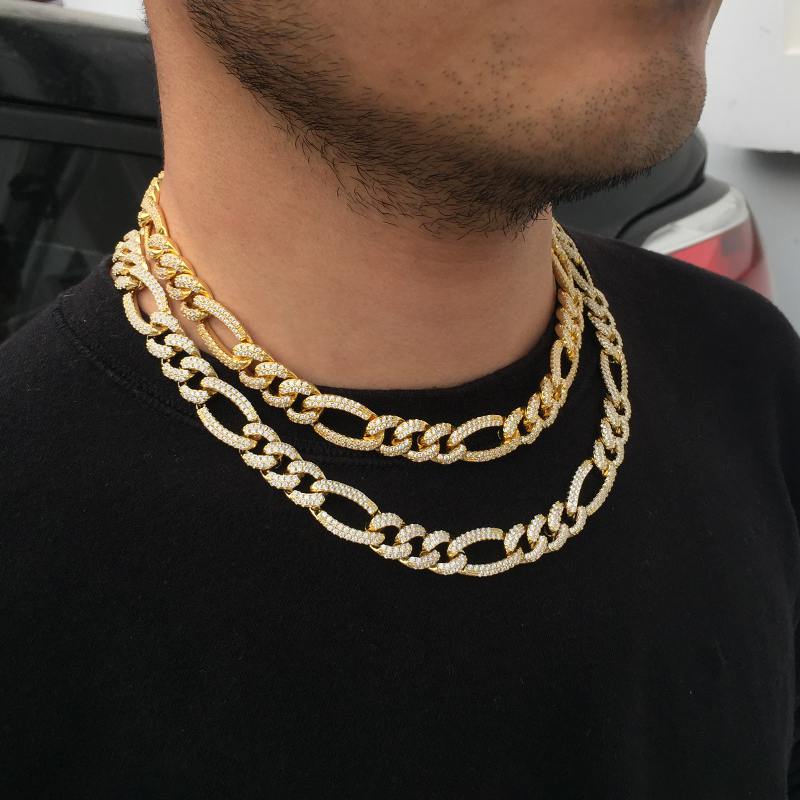 Hip Hop 12MM 18K Gold Plated Bling Iced Out Figaro link Chain Necklace - Tripodjewelry