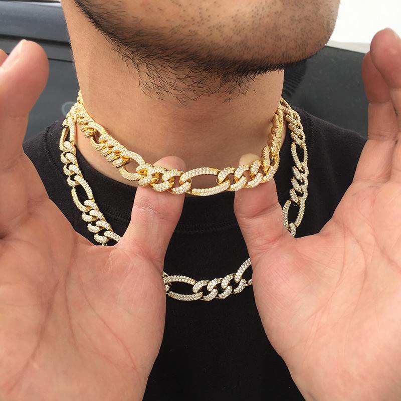 Hip Hop 12MM 18K Gold Plated Bling Iced Out Figaro link Chain Necklace - Tripodjewelry
