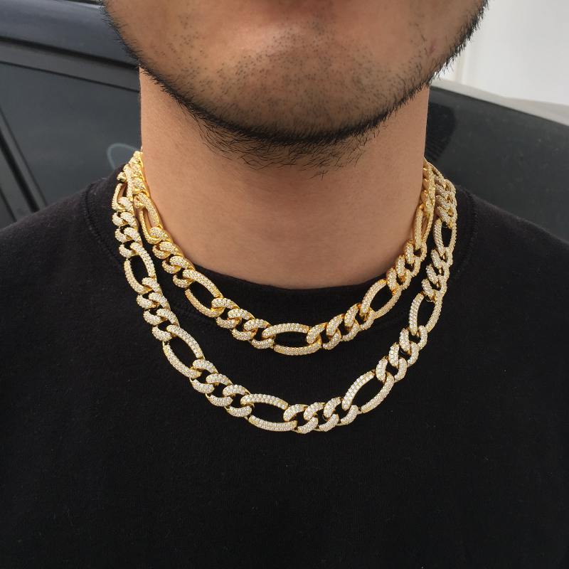 Hip Hop 12MM 18K Gold Plated Bling Iced Out Figaro link Chain Necklace - Tripodjewelry