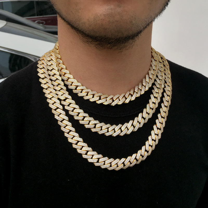 15MM 18K Gold Prong Diamond Cuban Link Chain Necklace Tripodjewelry