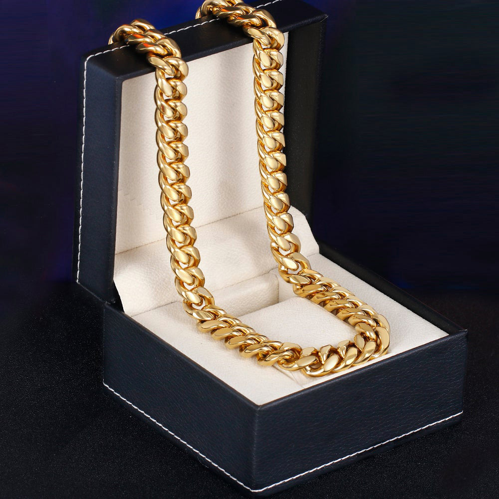 Real 18K Gold Plated Men's Miami Cuban Link Chain Necklace Stainless Steel Tripodjewelry