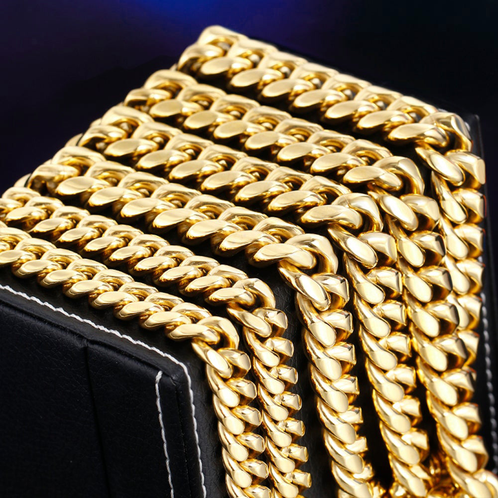 Real 18K Gold Plated Men's Miami Cuban Link Chain Necklace Stainless Steel Tripodjewelry