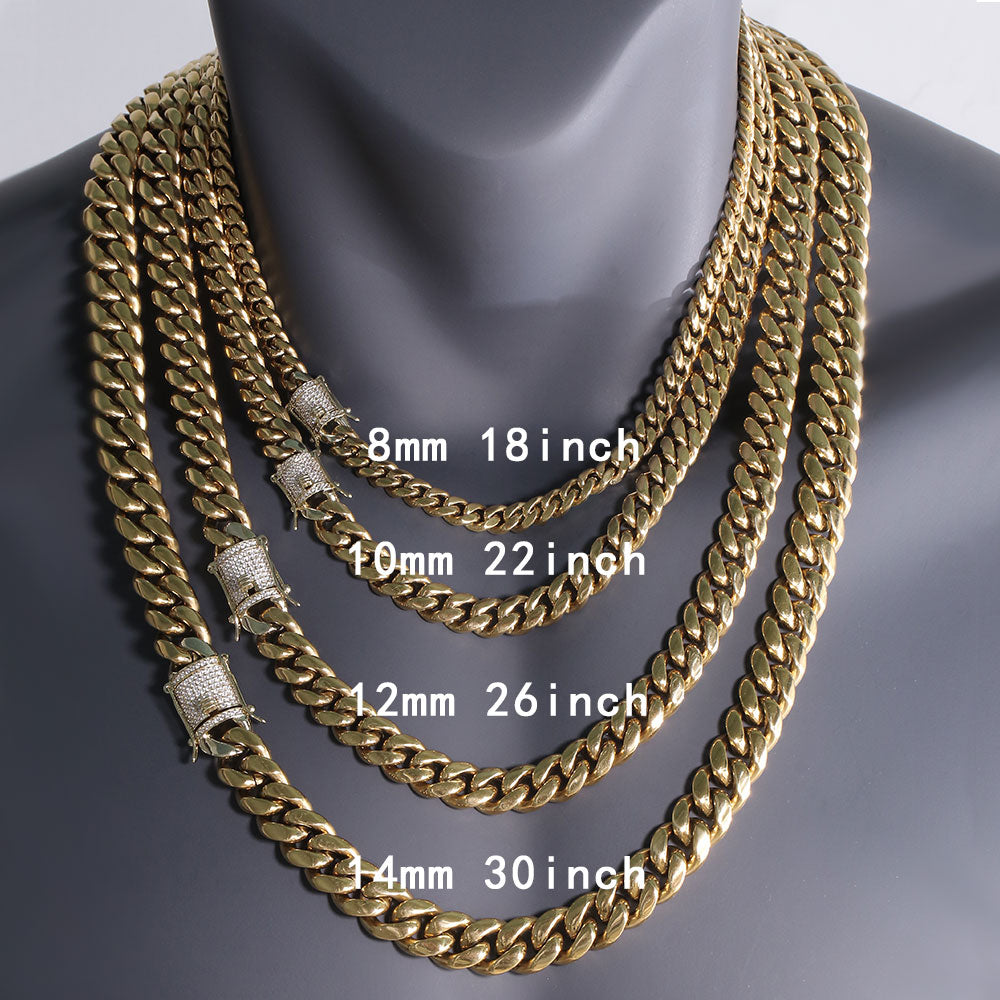 14K Gold Plated Iced Out Clasp Mens Miami Cuban Link Chain Necklace Stainless Steel 6-14MM Tripodjewelry