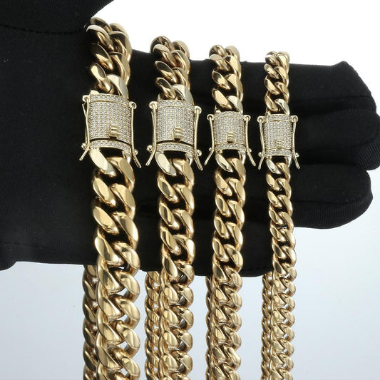 14K Gold Plated Iced Out Clasp Mens Miami Cuban Link Chain Necklace Stainless Steel 6-14MM Tripodjewelry