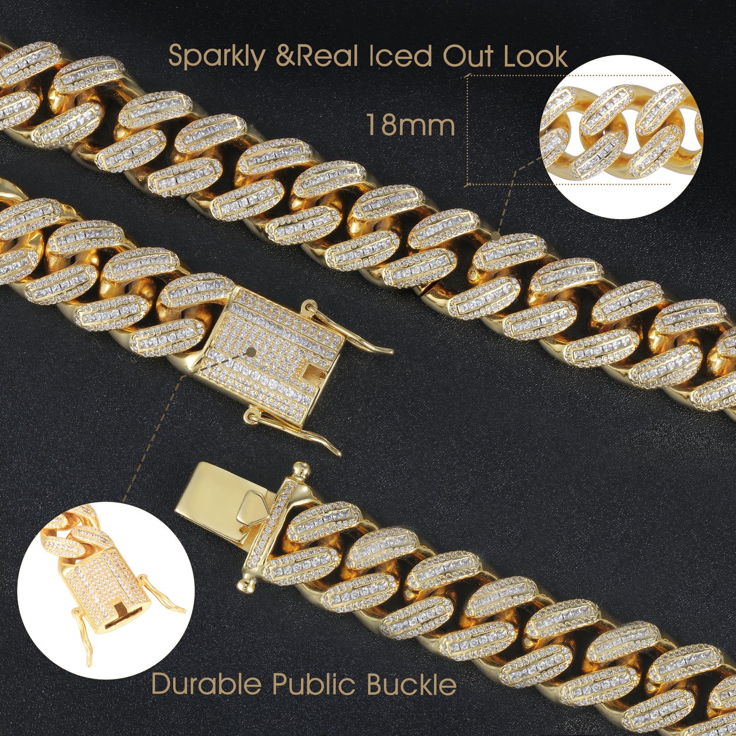 18MM 18K Gold Plated Iced Out Baguette Cuban Link Chain Necklace - Tripodjewelry