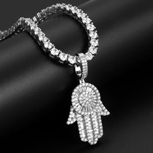 White Gold Baguette Iced Out Hamsa Hand Pendant Tripodjewelry