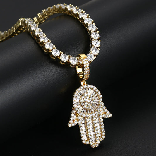 18K Gold Baguette Iced Out Hamsa Hand Pendant Tripodjewelry