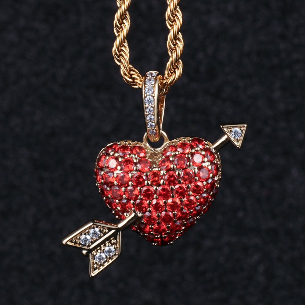 Gold Plated Iced Out Heart and Arrow Pendant Tripodjewelry