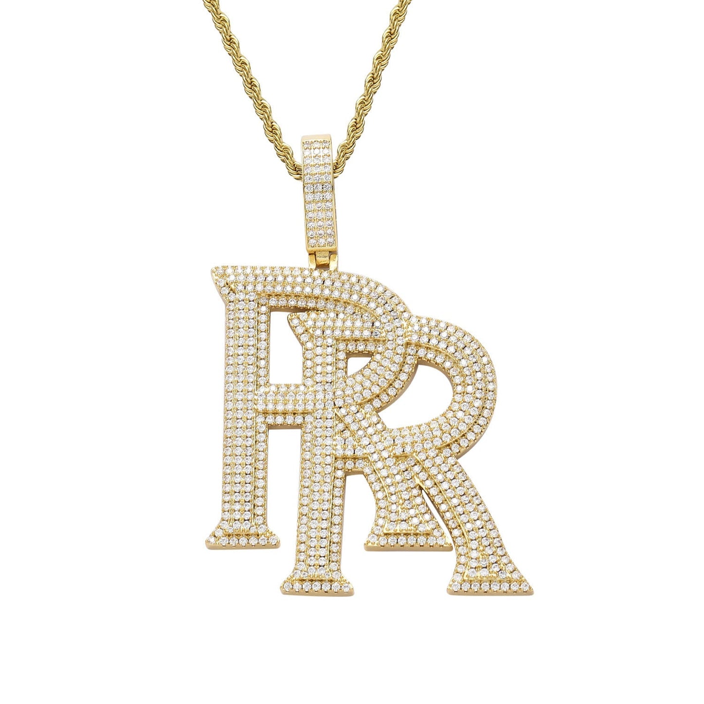 Real 14K Gold Zircon Letter RR Letter Pendant For Men Hip Hop TRIPOD JEWELRY