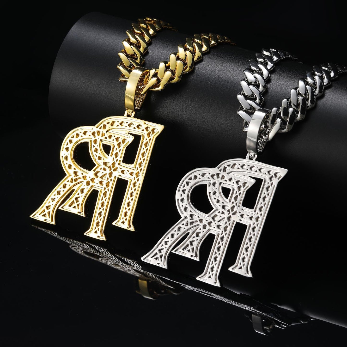 Real 14K Gold Zircon Letter RR Letter Pendant For Men Hip Hop TRIPOD JEWELRY