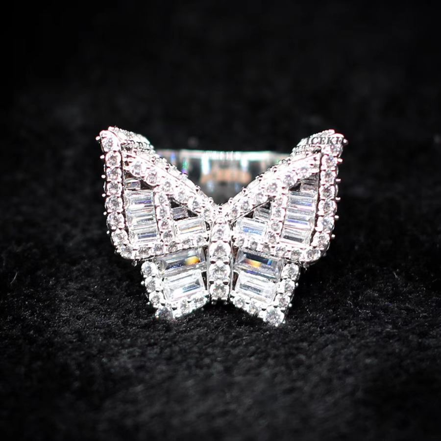 White Gold Iced Out Baguette Butterfly Ring Tripodjewelry