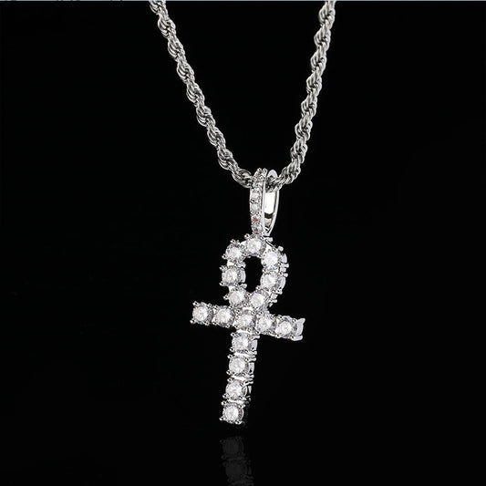 White Gold Iced Out Ankh Cross Pendant Necklace Tripodjewelry