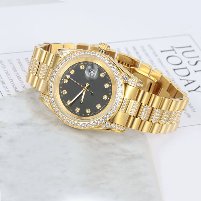 18K Gold Plated Black Dial Stainless Steel Iced Out Watch TRIPOD JEWELRY