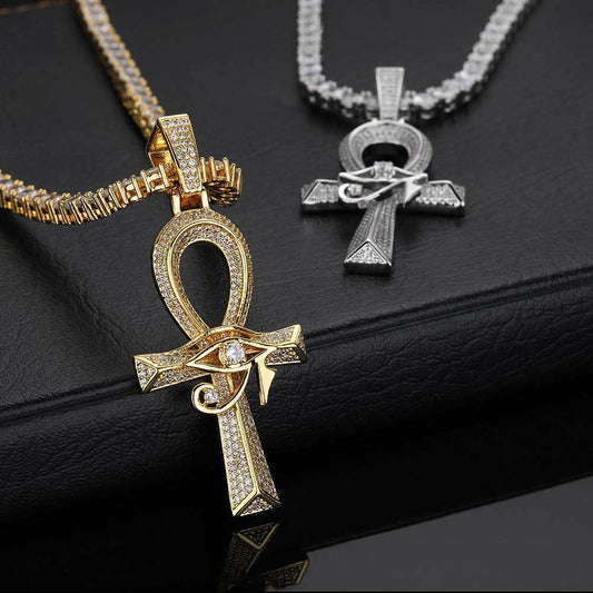 18K Gold Iced Egyptian Ankh Cross Pendant