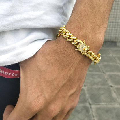 10MM 18K Gold Plated Iced Out Barb Wire Cuban Link Bracelet