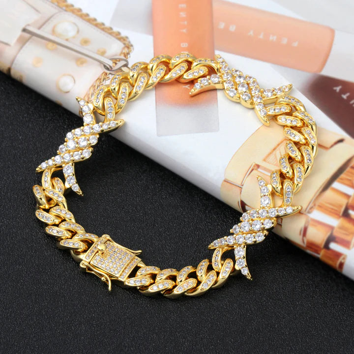 10MM 18K Gold Plated Iced Out Barb Wire Cuban Link Bracelet