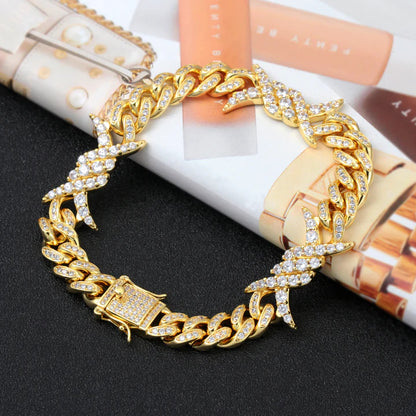 10MM 18K Gold Plated Iced Out Barb Wire Cuban Link Bracelet