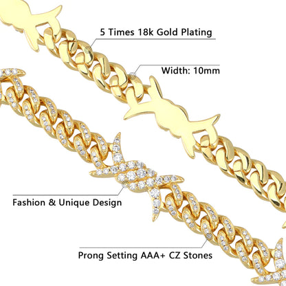 10MM 18K Gold Plated Iced Out Barb Wire Cuban Link Bracelet
