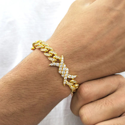 10MM 18K Gold Plated Iced Out Barb Wire Cuban Link Bracelet