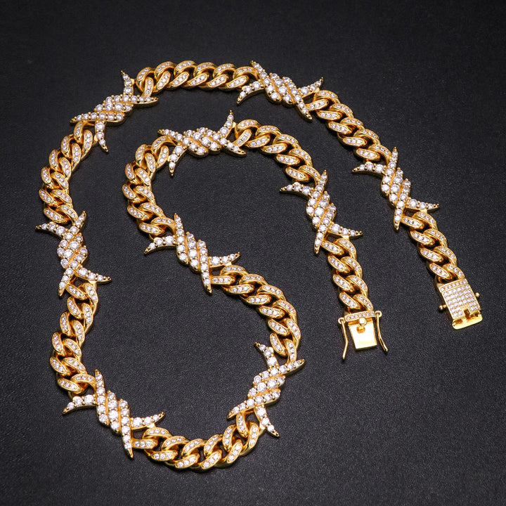 10MM 18K Gold Plated Iced Out Barb Wire Cuban Link Chain