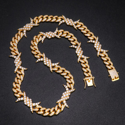 10MM 18K Gold Plated Iced Out Barb Wire Cuban Link Chain