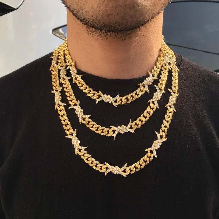 10MM 18K Gold Plated Iced Out Barb Wire Cuban Link Chain