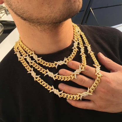 10MM 18K Gold Plated Iced Out Barb Wire Cuban Link Chain