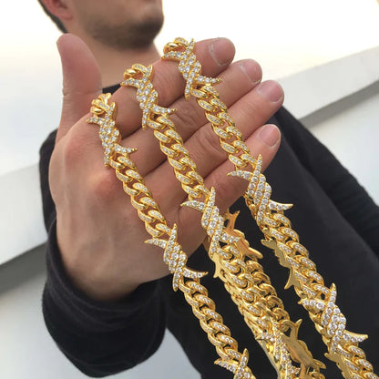 10MM 18K Gold Plated Iced Out Barb Wire Cuban Link Chain
