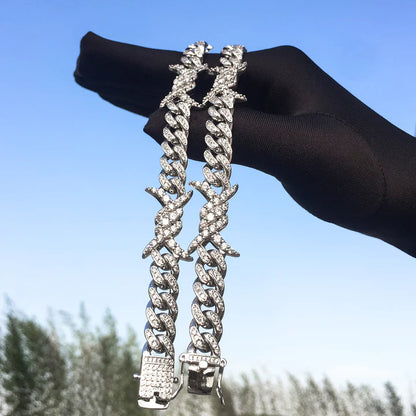 10MM White Gold Iced Out Barb Wire Cuban Link Bracelet